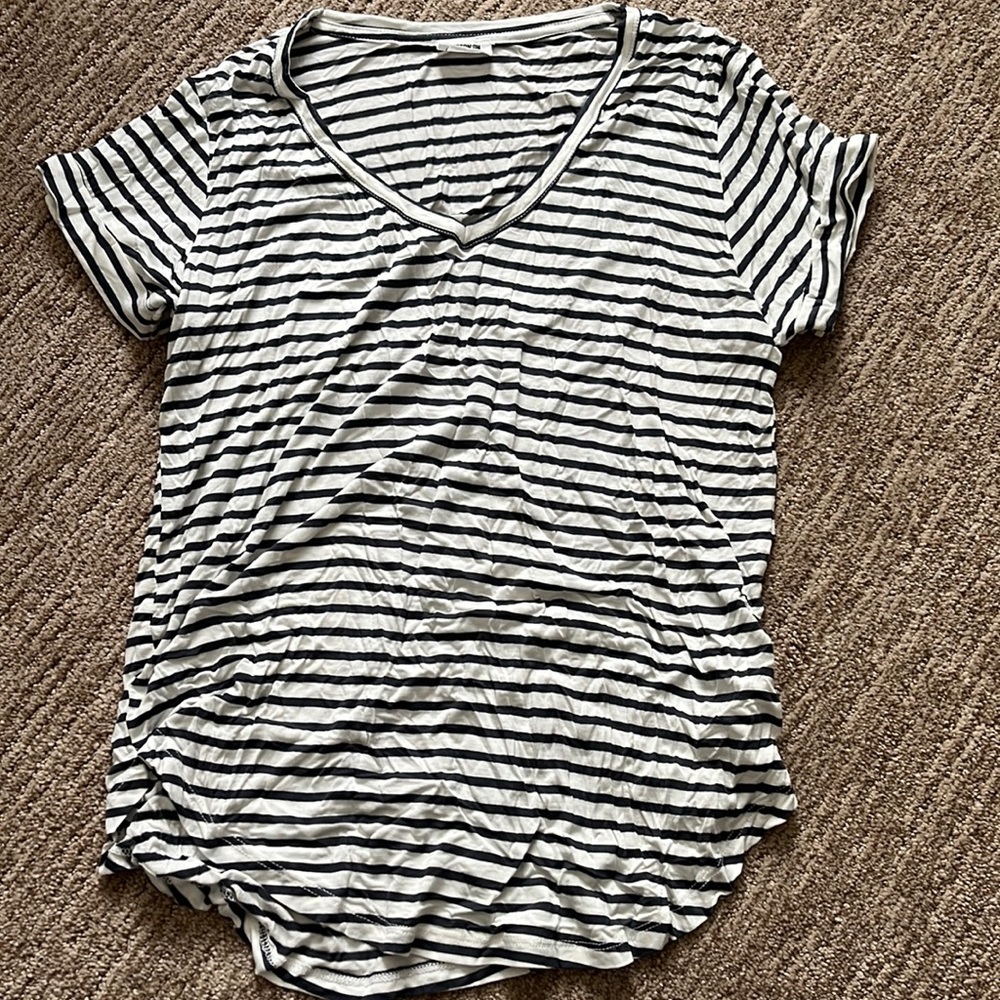 X-small navy blue and white striped shirt.